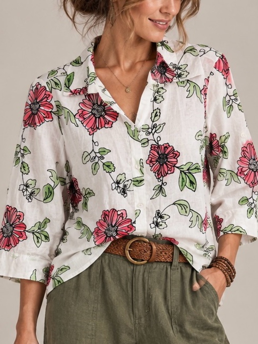 Floral Embroidered Button Down Shirt Cotton Roll Tab Sleeves Womens Size L